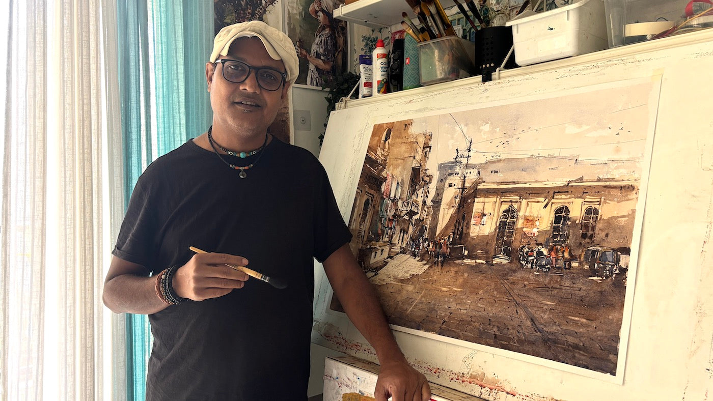 Nitin Singh with his original watercolor art