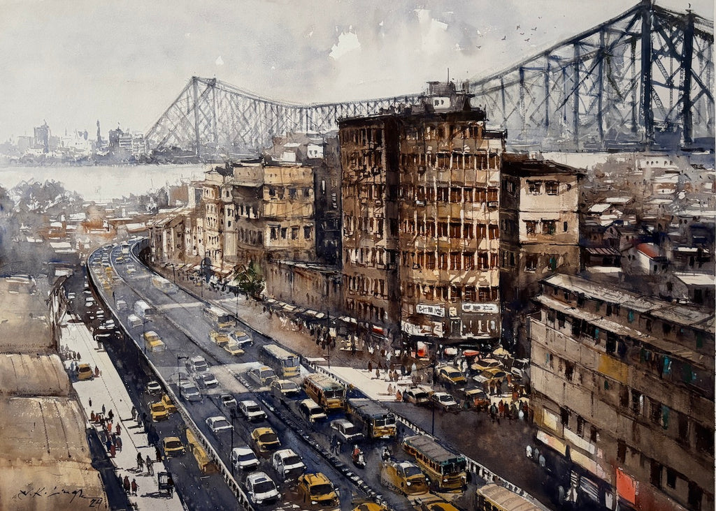 Kolkata watercolor Cityscape art with a howrah bridge.
