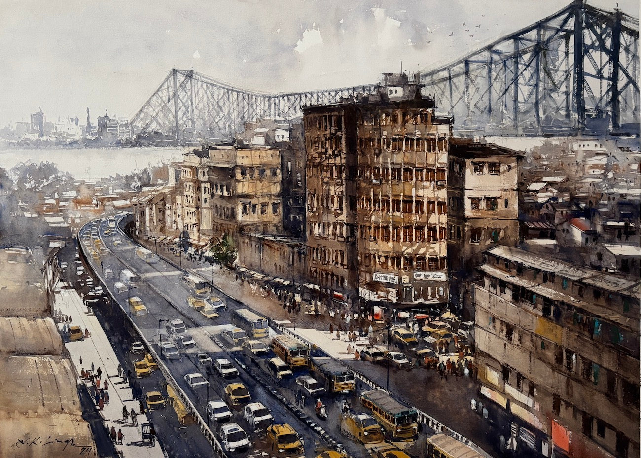 Kolkata watercolor Cityscape art with a howrah bridge.