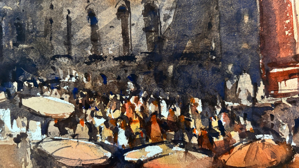 Watercolor painting of a crowded varanasi ghat with people and buildings