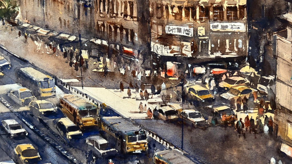 watercolour painting of a busy city street with cars, buses, and pedestrians.