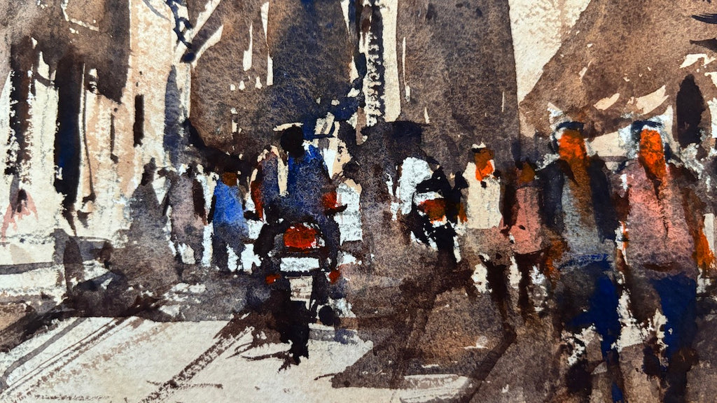 Watercolor painting of a busy street scene with people and a motorcycle.