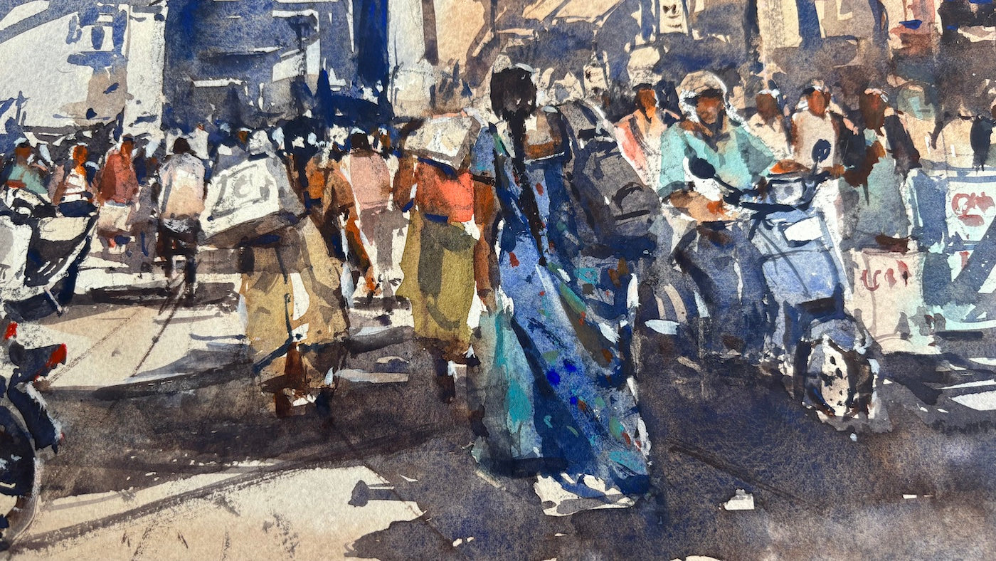 Watercolor painting of a busy street scene with people and motorcycles.