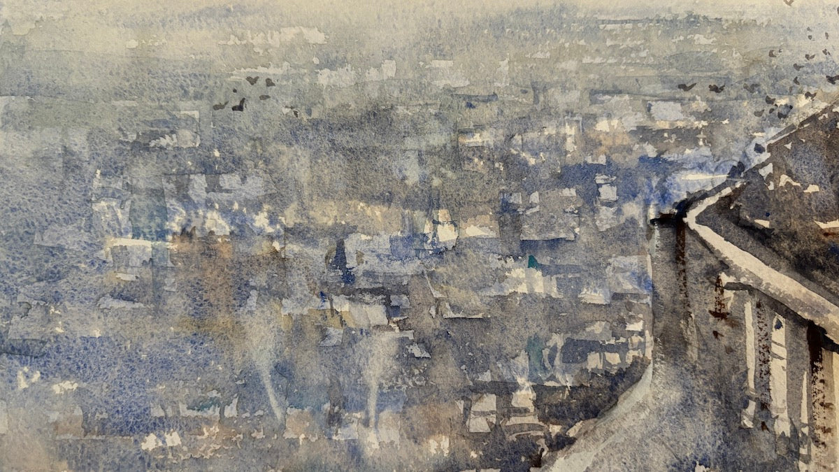 original art of a Cityscape with buildings and rooftops in a textured, abstract style