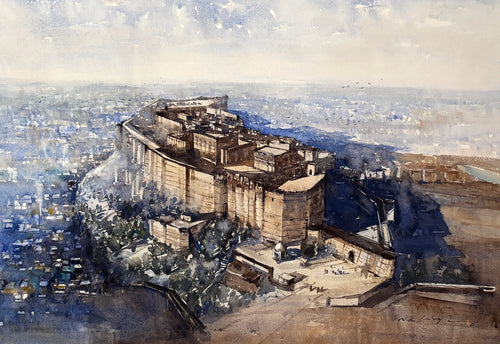 Artistic depiction of a watercolor mehrangarh fort painting