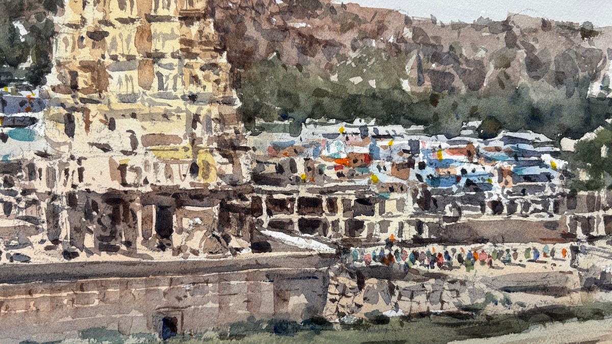 Panoramic Temple View, Hampi – Plein Air Watercolor Art Print
