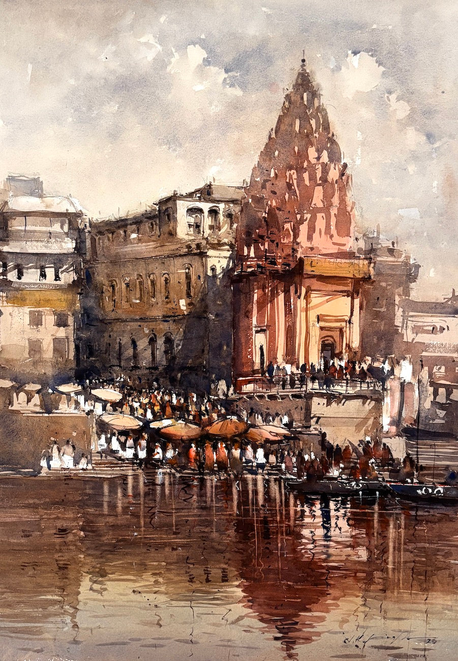 original painting of varnasi ghat and river ganges with people around