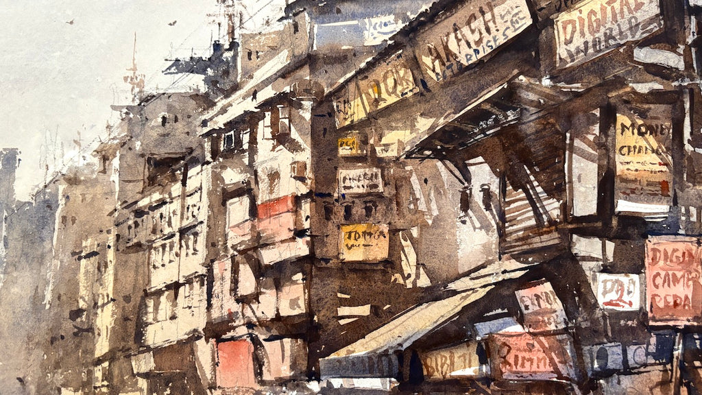 home decor art - Artistic depiction of a cityscape with architectural details and signs.