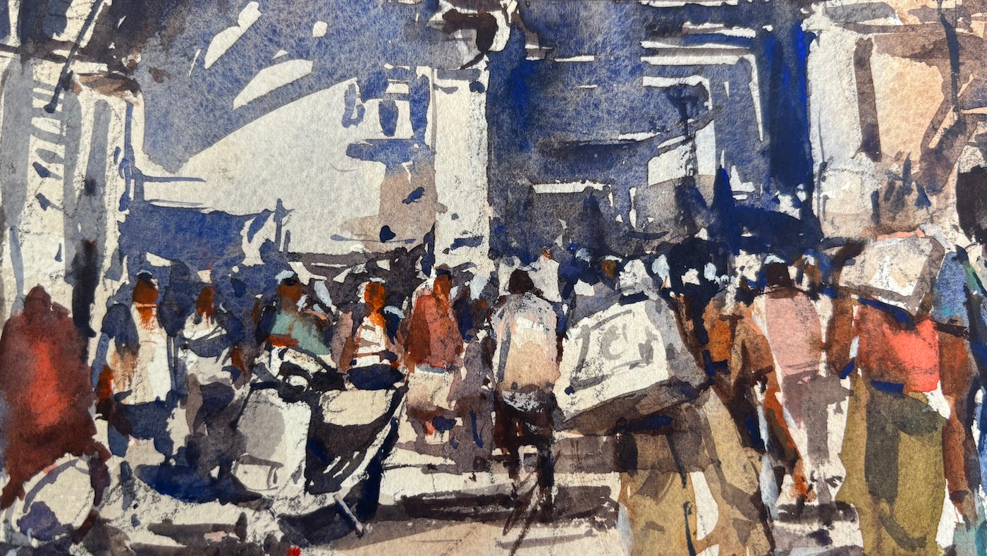 Watercolor painting of a busy street scene with lots of people