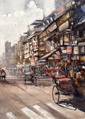 Watercolor painting of a bustling city street with rickshaws and pedestrians.