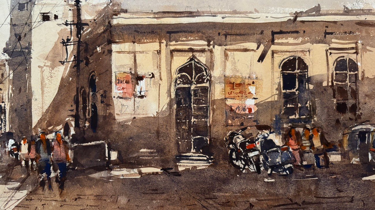 Watercolor painting of a street scene 