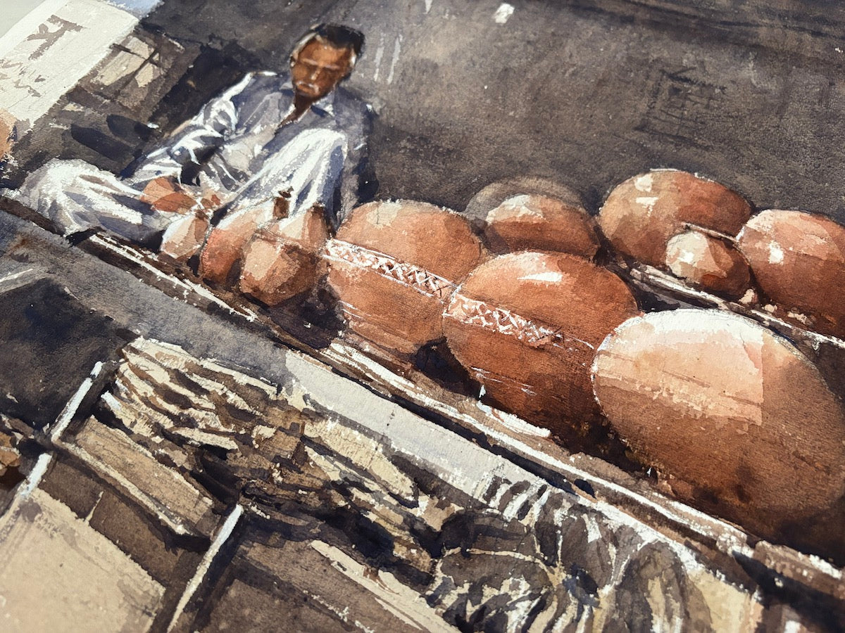 An original art of a potter working with clay pots in a traditional setting.