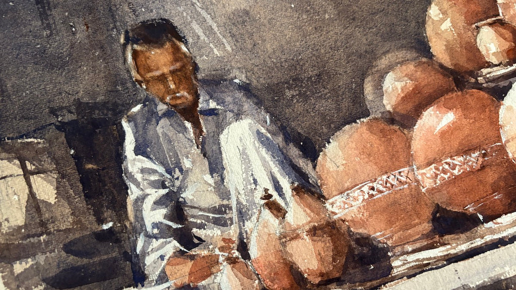 Watercolor painting of a man sitting with clay pot store