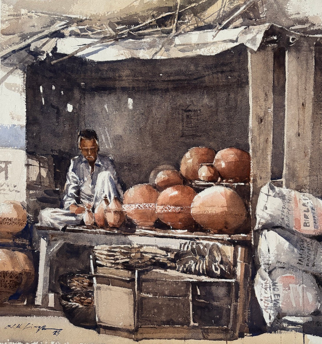 indian daily life painting - original watercolor art