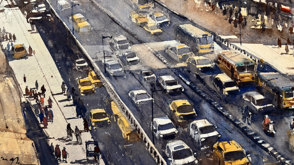 watercolor painting of a busy street with cars and pedestrians