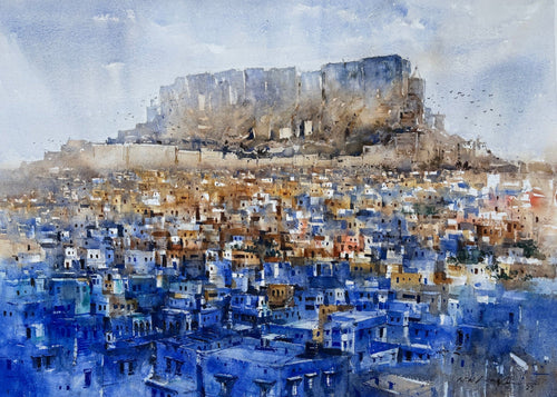 original watercolor art of mehrangarh fort in jodhpur