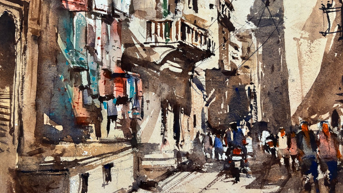 original watercolor art of a narrow street with people in an urban setting