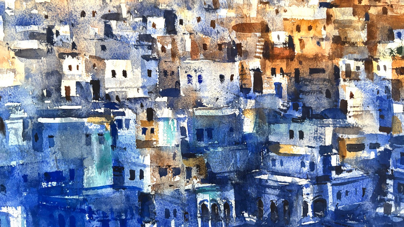 Artistic depiction of a jodhpur watercolor cityscape with buildings in blue, brown, and beige tones.