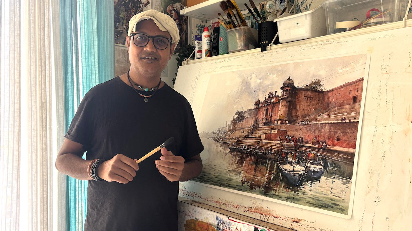 watercolour artist Nitin Singh with his varanasi ghat painting
