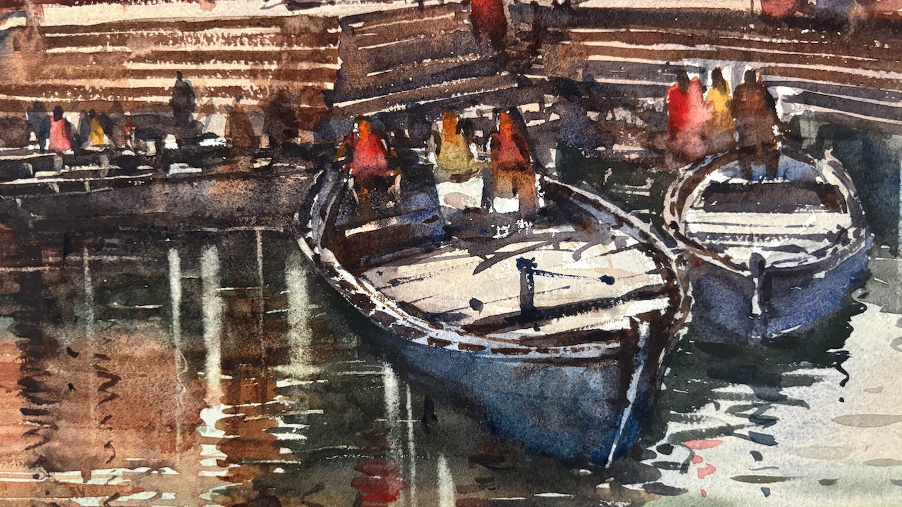 watercolor boats on the river ganges in varanasi ghat