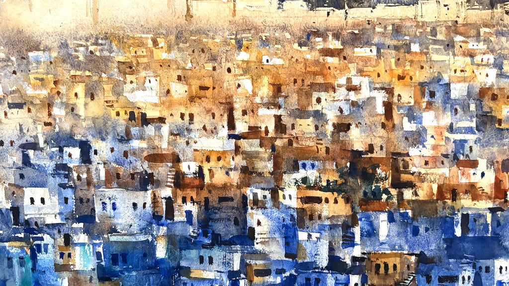 arial view of watercolour cityscape with a mix of blue, brown, and beige colors