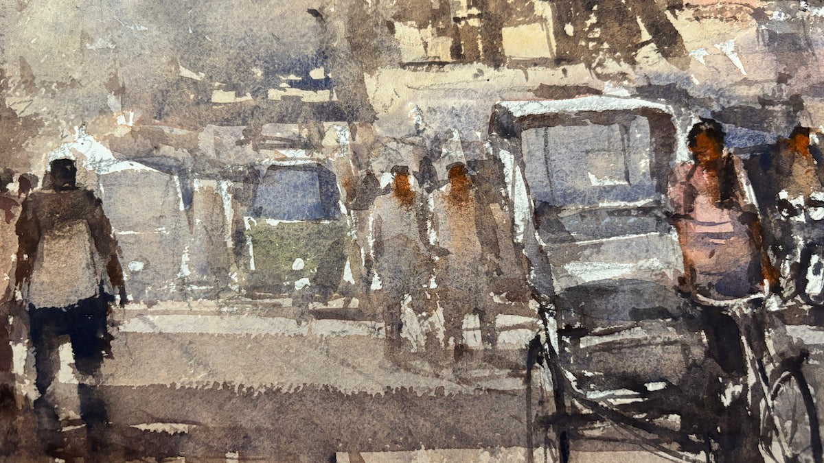 watercolor art of a busy street scene with people and a rickshaw.