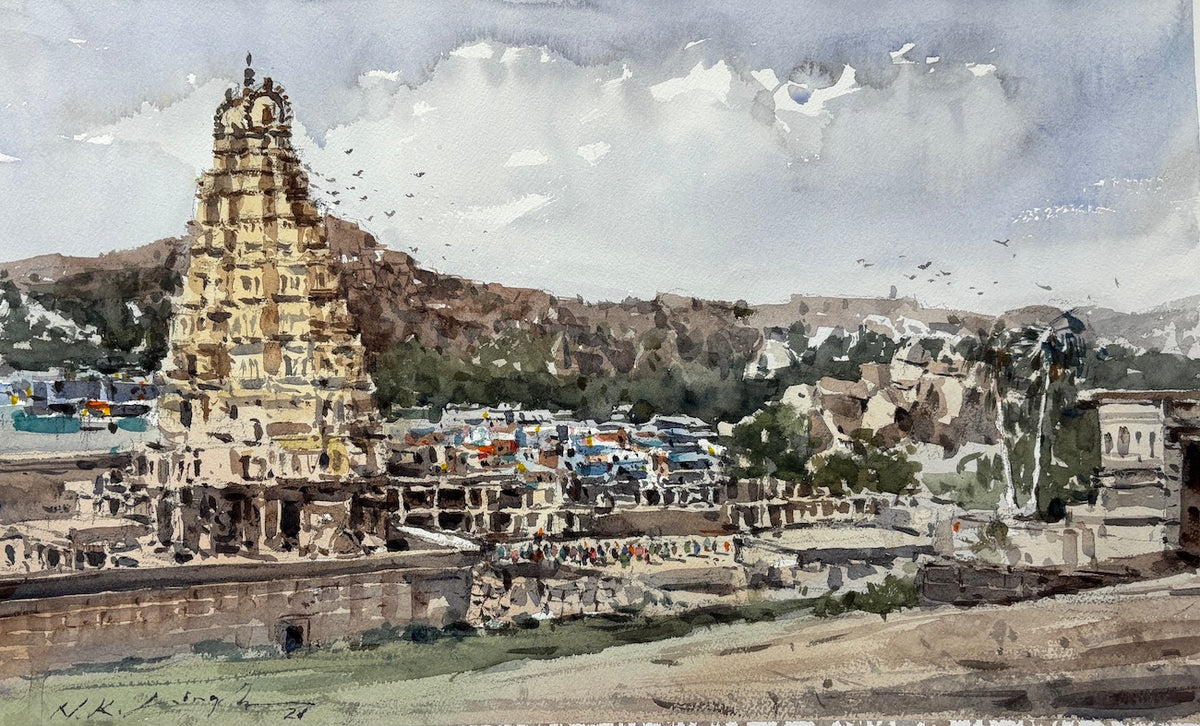 Panoramic Temple View, Hampi – Plein Air Watercolor Art Print