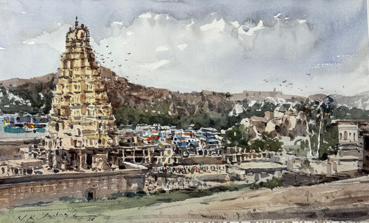 Panoramic Temple View, Hampi – Plein Air Watercolor Art Print