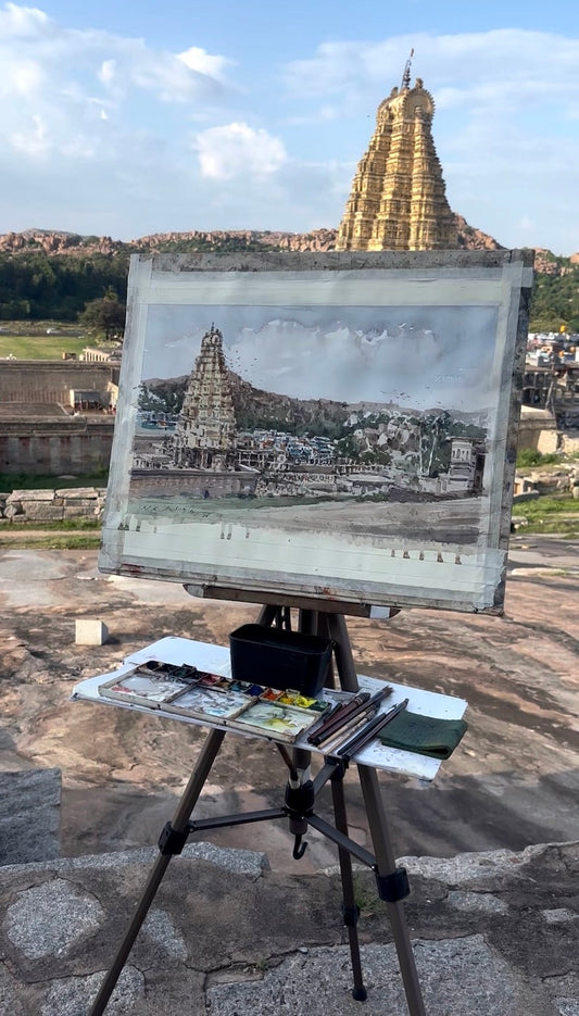 Panoramic Temple View, Hampi – Plein Air Watercolor Art Print